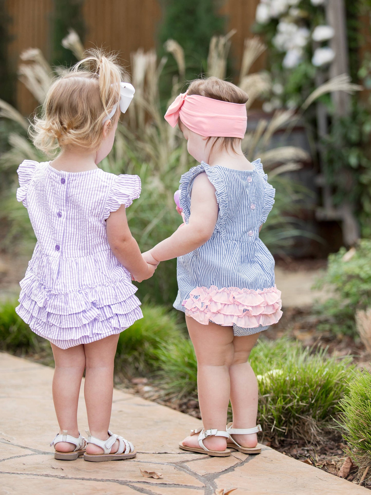 Baby Girls Blue Seersucker Classic Ruffle Bubble Romper: Blue / 2T