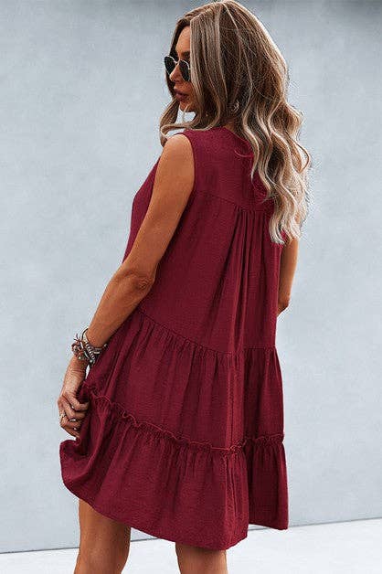 V Neck Solid Ruffle Sleeveless Dress: 80%Viscose 2%Nylon / NAVY / L