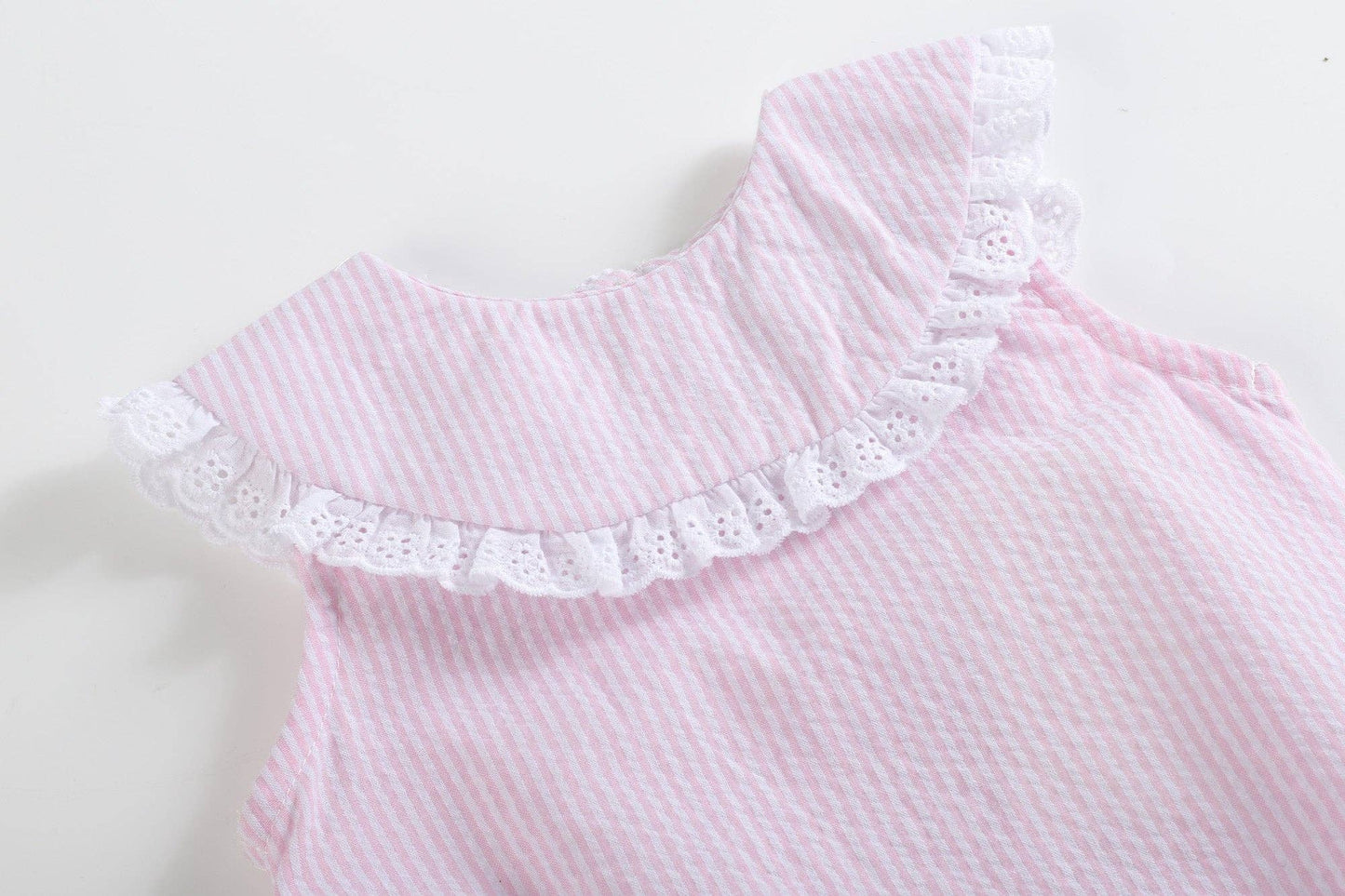 Classic Light Pink Seersucker Collared Baby Bubble Romper: 3-6M