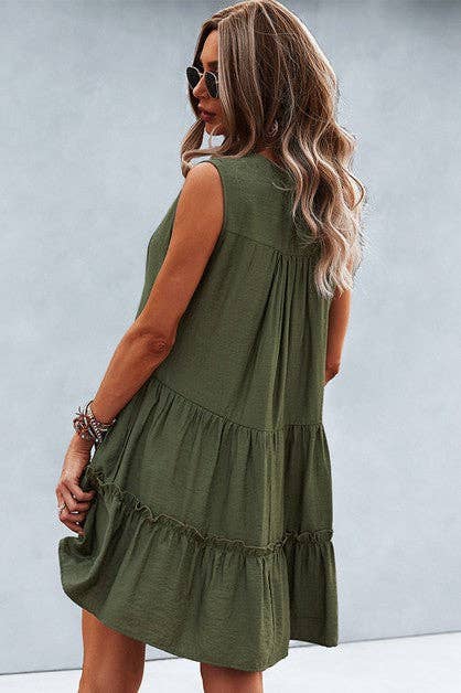 V Neck Solid Ruffle Sleeveless Dress: 80%Viscose 2%Nylon / NAVY / M