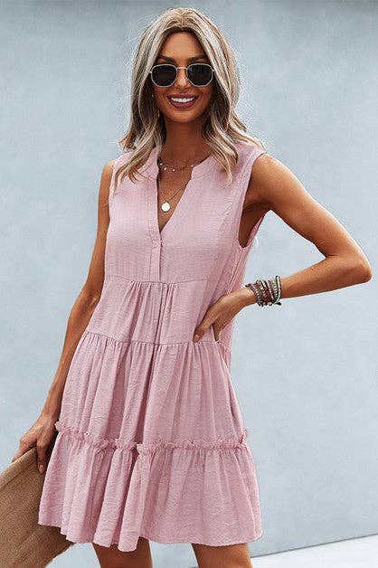 V Neck Solid Ruffle Sleeveless Dress: 80%Viscose 2%Nylon / NAVY / XL