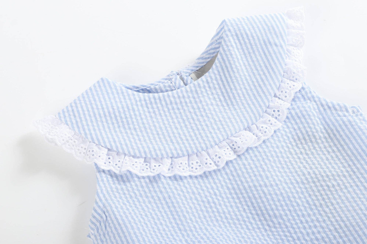 Classic Light Blue Seersucker Collared Baby Bubble Romper: 6-12M