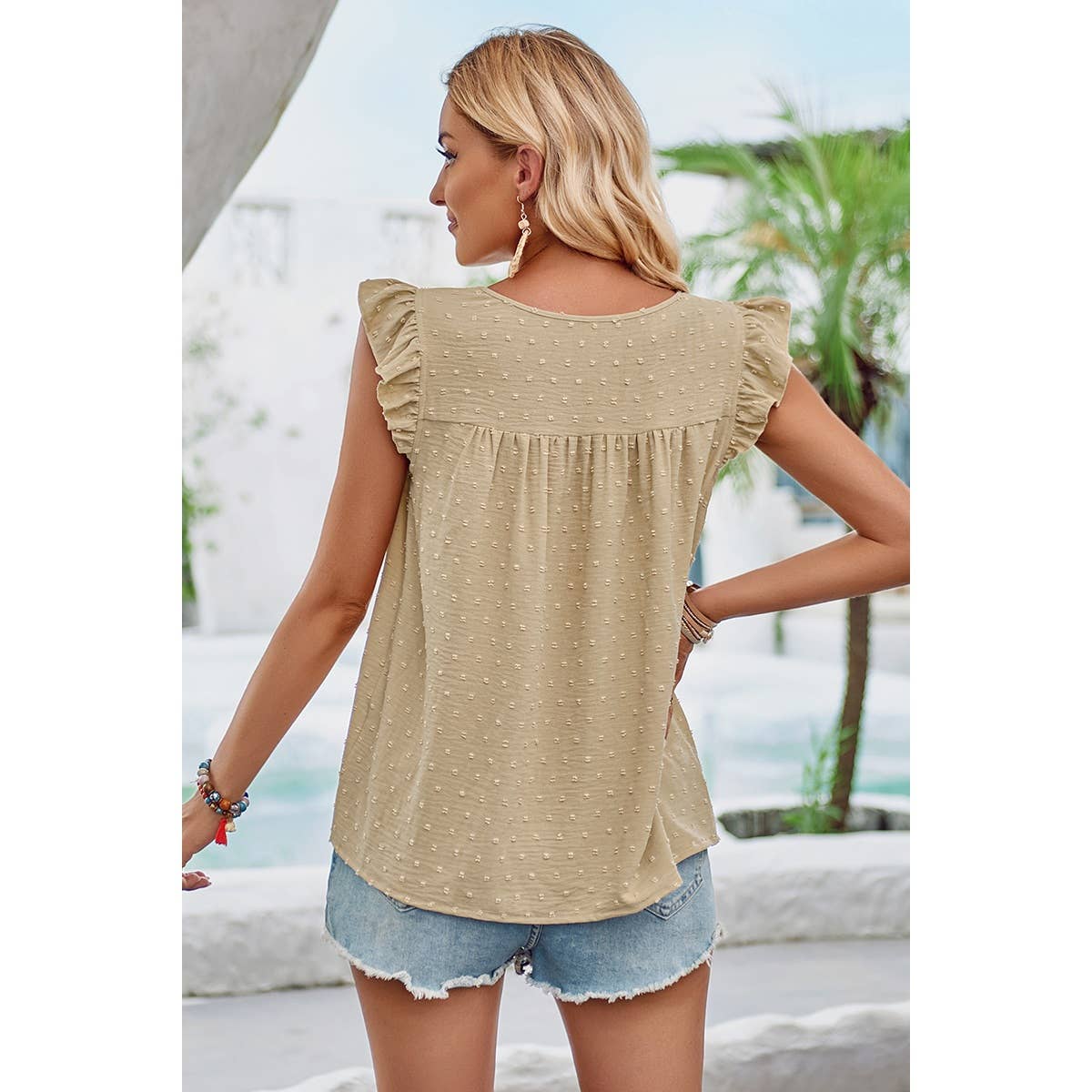 Swiss Dot Round Neck Ruffle Lose Solid Top: Khaki / XL