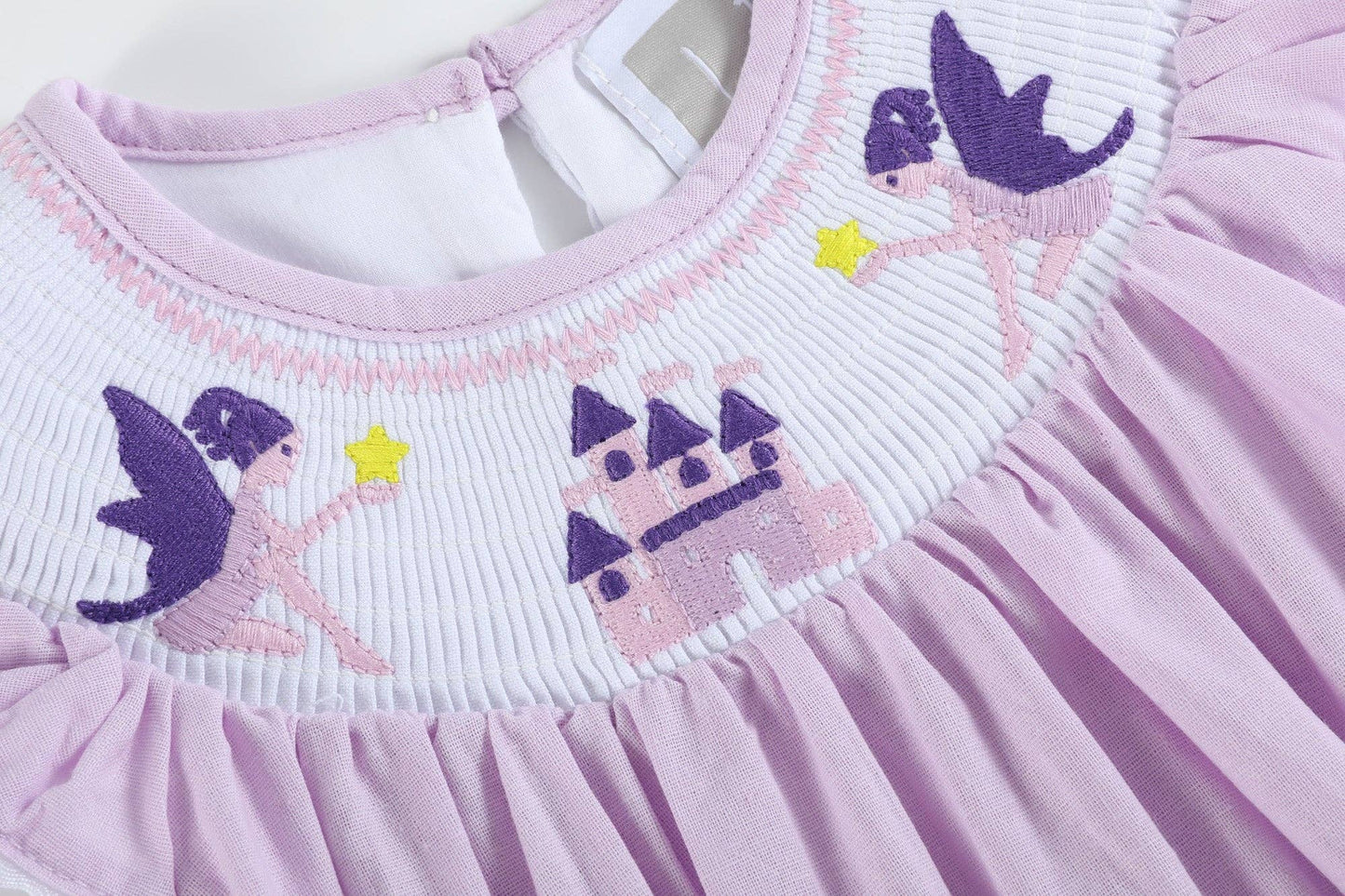 Purple Fairy Castle Smocked Flutter Romper: 6-12M