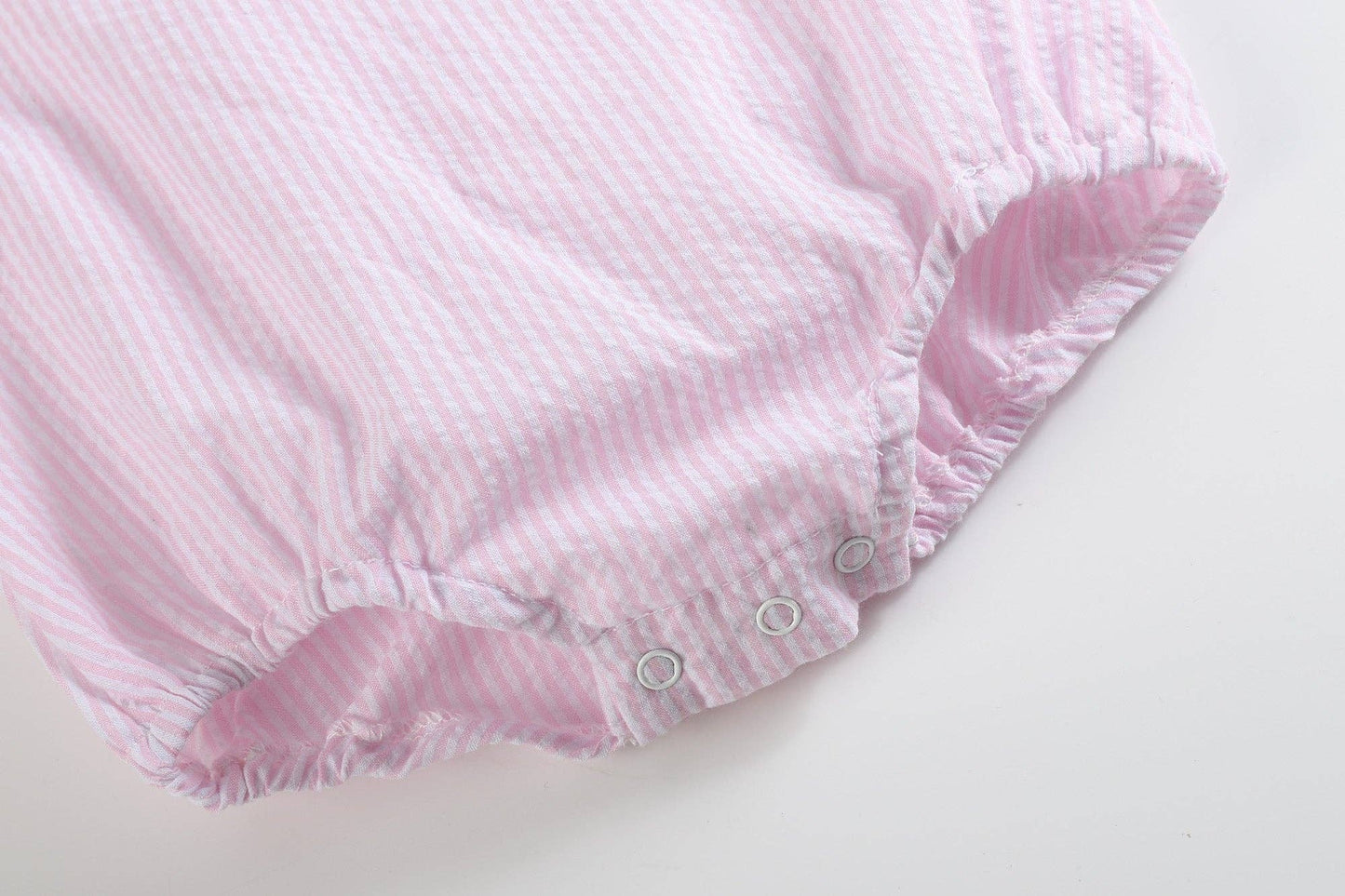 Classic Light Pink Seersucker Collared Baby Bubble Romper: 3-6M