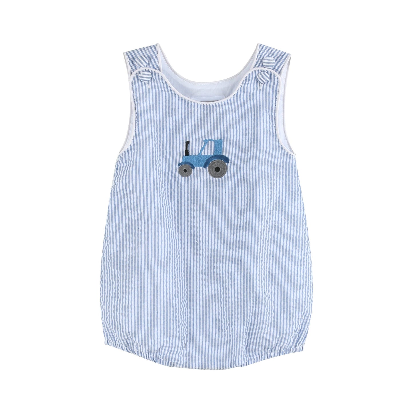 Dark Blue Tractor Seersucker Bubble Romper: 12-18M