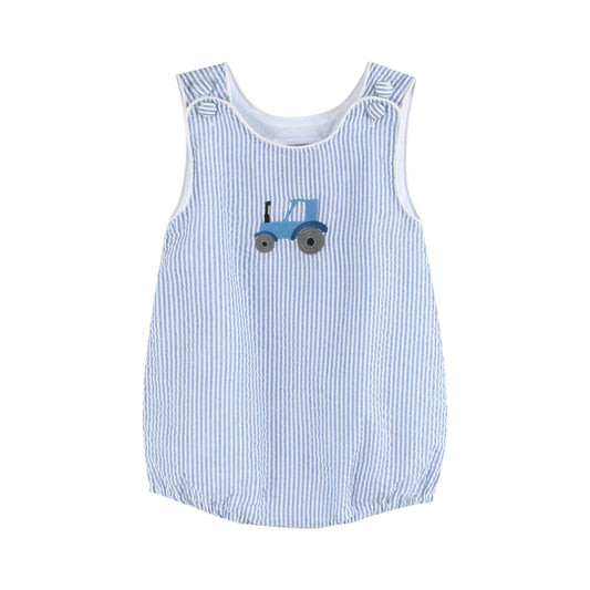 Dark Blue Tractor Seersucker Bubble Romper: 12-18M