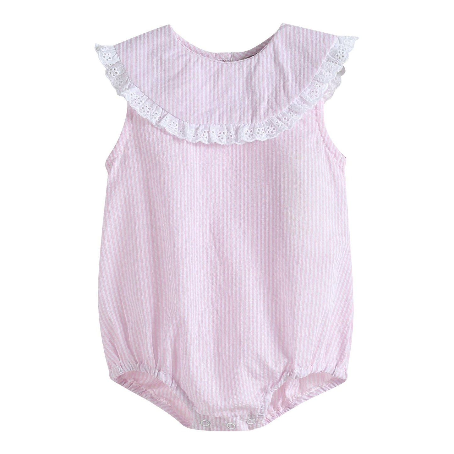 Classic Light Pink Seersucker Collared Baby Bubble Romper: 3-6M