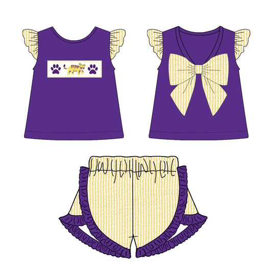 Collegiate Seersucker Girl Short Set - Purple Stripe Tiger: 6-7Y