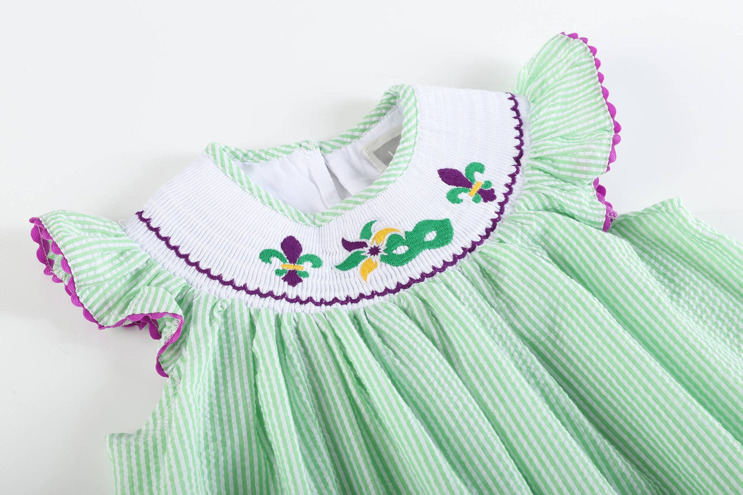 Green and Purple Mardi Gras Smocked Bishop Dress: 3-6M