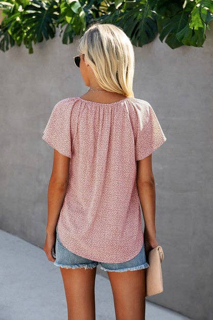 V Neck Short Sleeve Dot Top: PINK / L