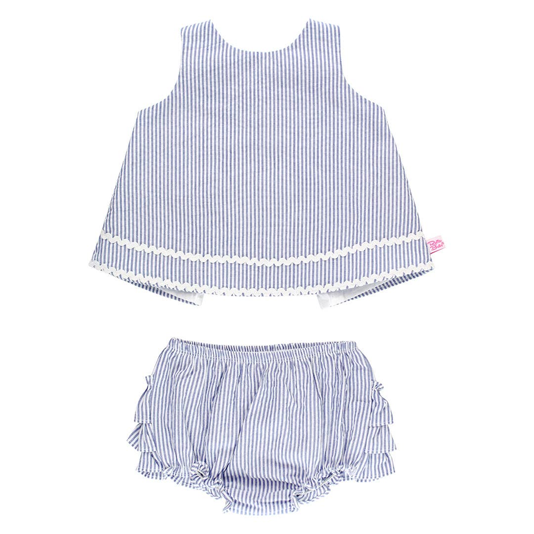 Baby Girls Blue Seersucker Ric Rac Swing Top & Bloomer Set: 18-24m