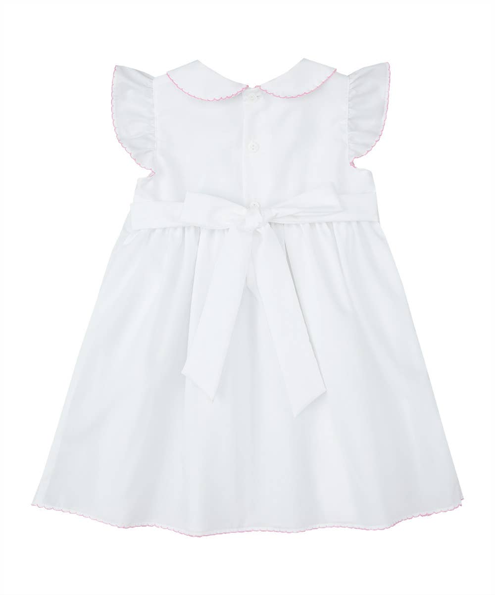 White Smocked Angel Sleeve Dress: 12m