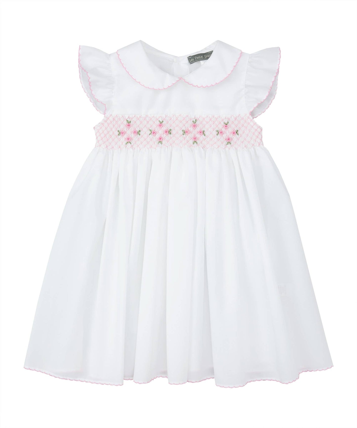 White Smocked Angel Sleeve Dress: 12m