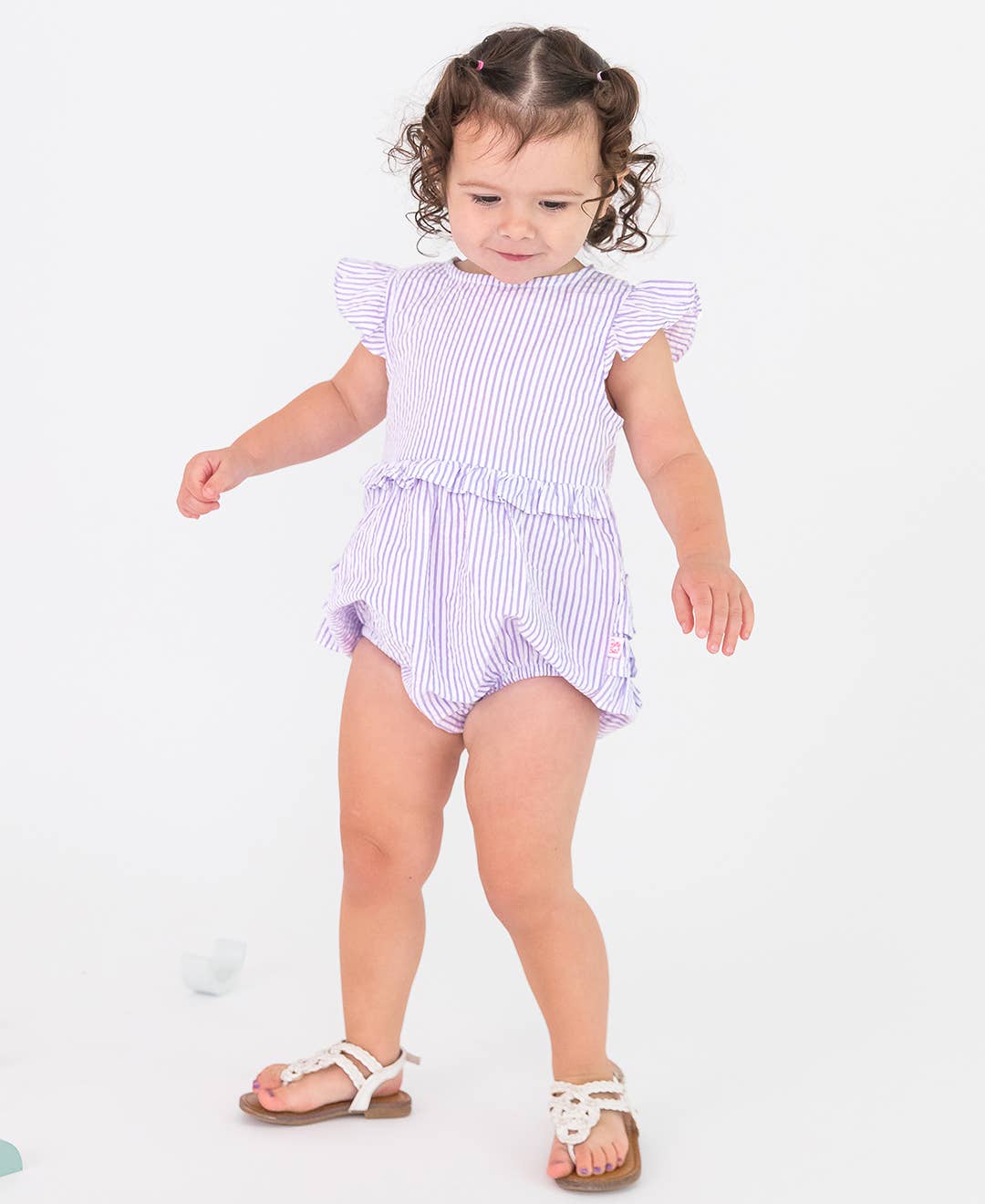 Baby Girls Lavender Seersucker Sleeveless Waist Ruffle Bubble Romper: Purple / 6-12m