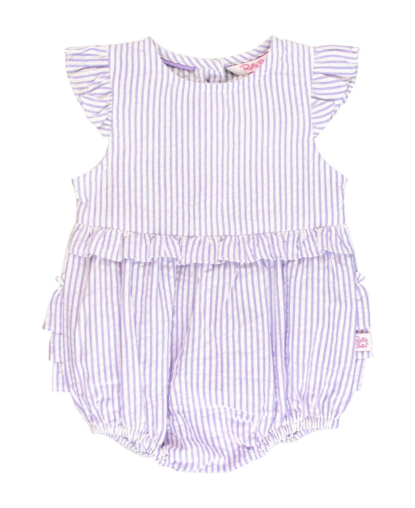 Baby Girls Lavender Seersucker Sleeveless Waist Ruffle Bubble Romper: Purple / 6-12m