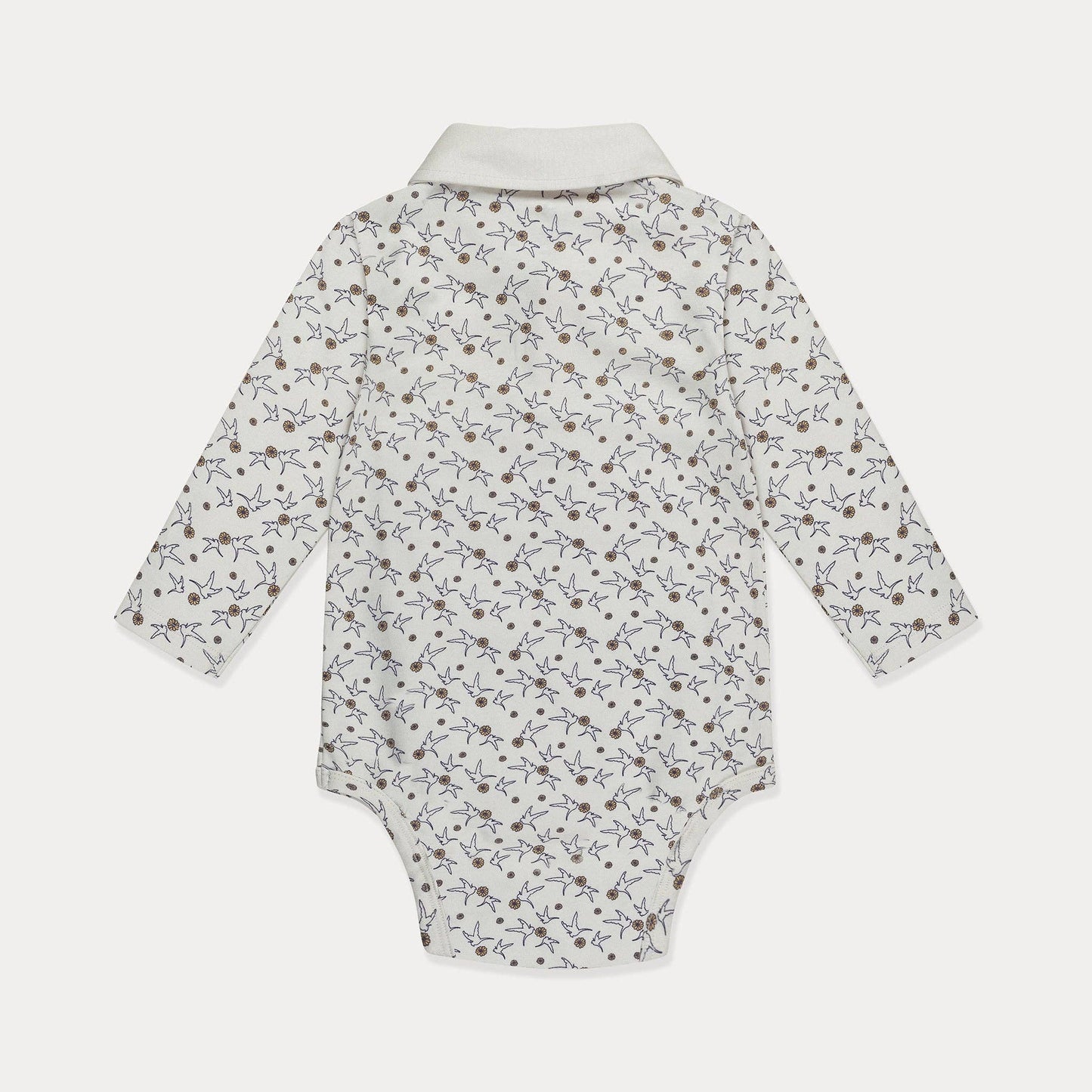 Baby Polo Shirt, Baby Polo Bodysuit, Cotton Long Sleeve, Cute Pattern: Birds on White / 0-3M