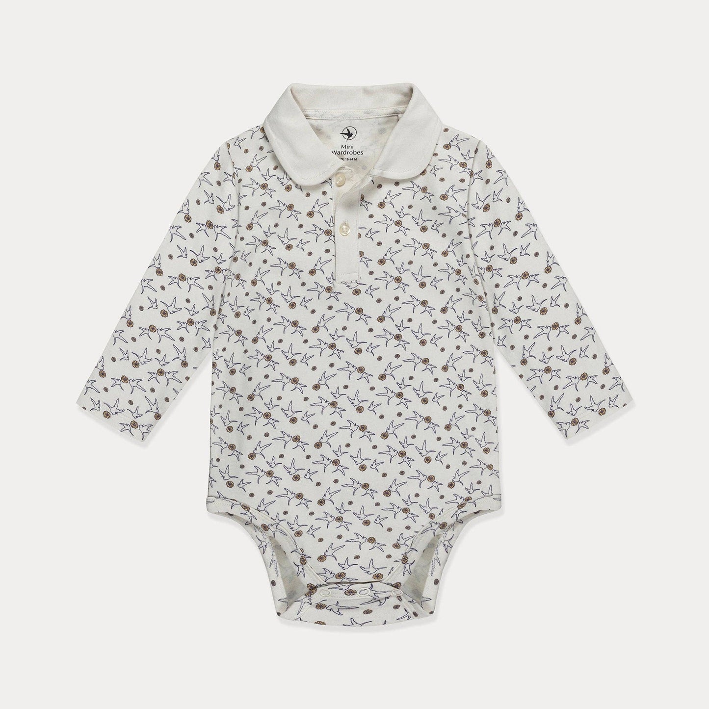 Baby Polo Shirt, Baby Polo Bodysuit, Cotton Long Sleeve, Cute Pattern: Birds on White / 0-3M