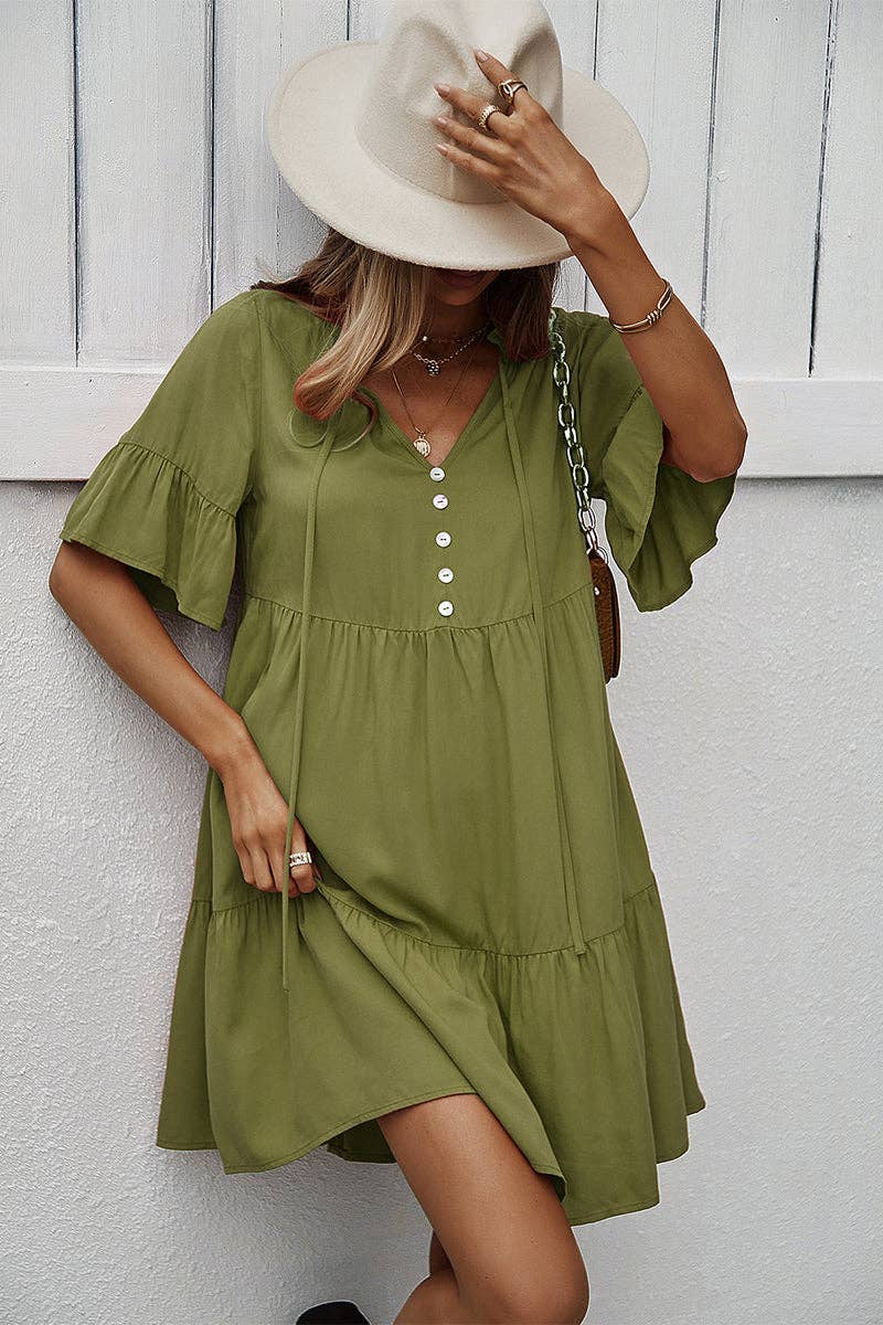 Button-Up Ruffle Dress: LIGHT GREEN / XL