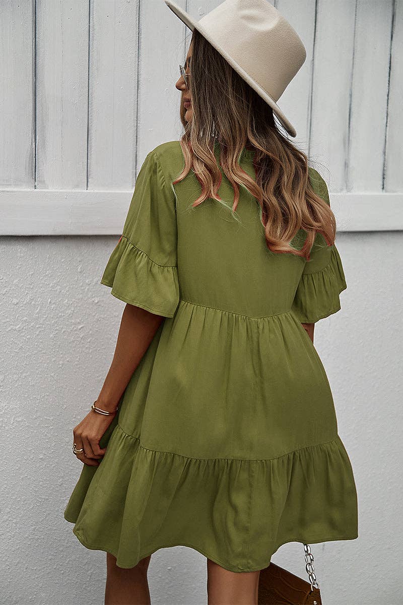 Button-Up Ruffle Dress: LIGHT GREEN / XL