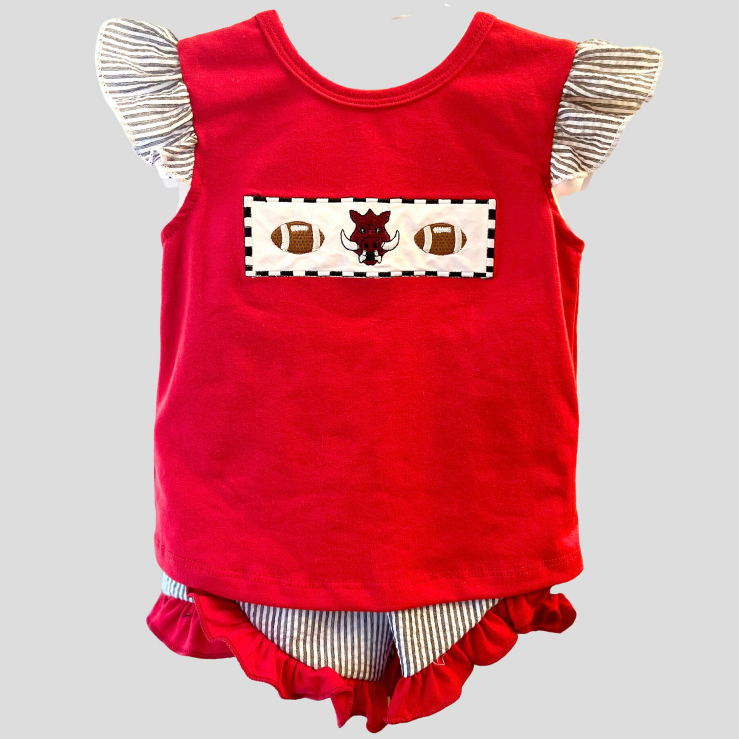 Collegiate Embroidered Seersucker Girl Short Set - Hog: 6-12m