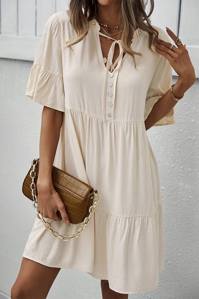 Button-Up Ruffle Dress: LIGHT GREEN / L