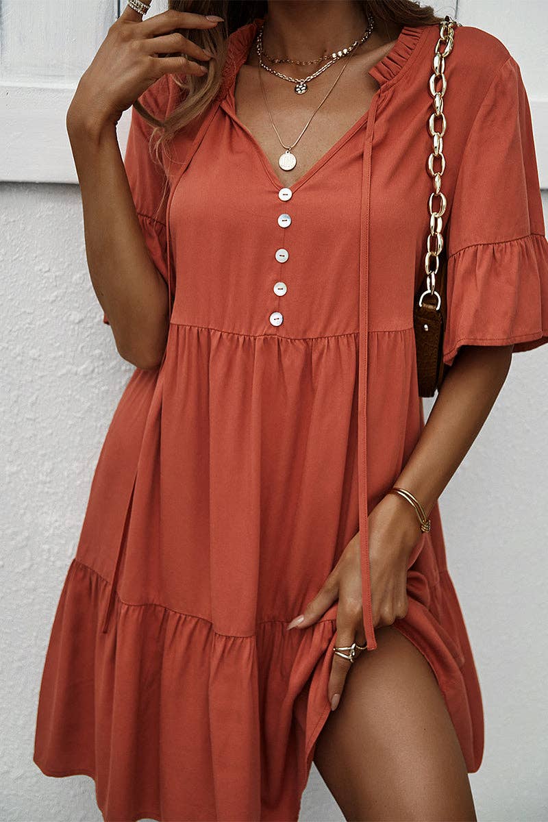 Button-Up Ruffle Dress: LIGHT GREEN / L