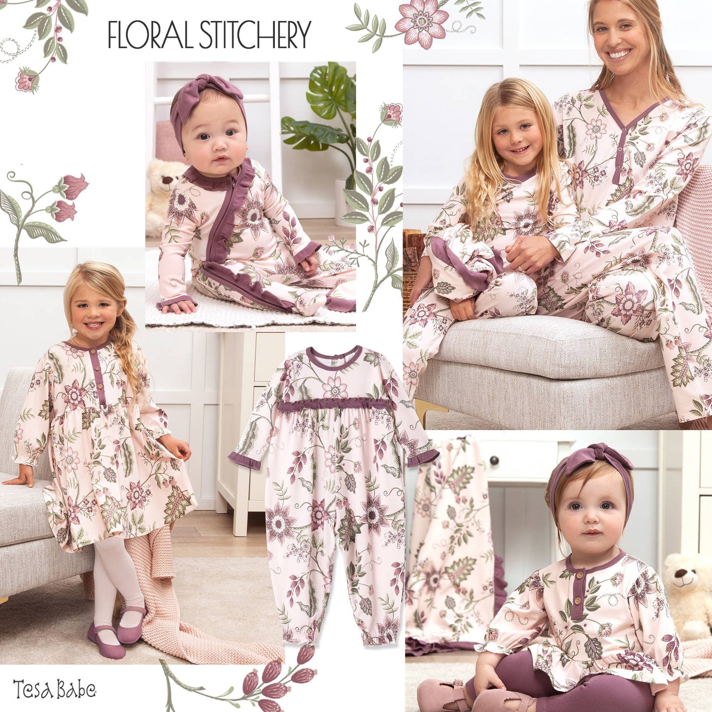 Girl's Floral Stitchery Bamboo Pajama Set: 18-24M