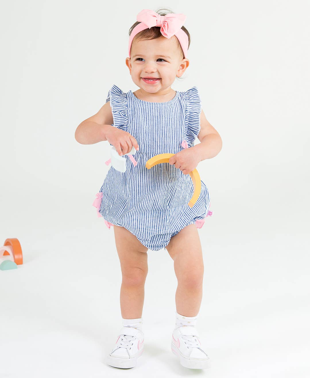 Baby Girls Blue Seersucker Classic Ruffle Bubble Romper: Blue / 3-6m