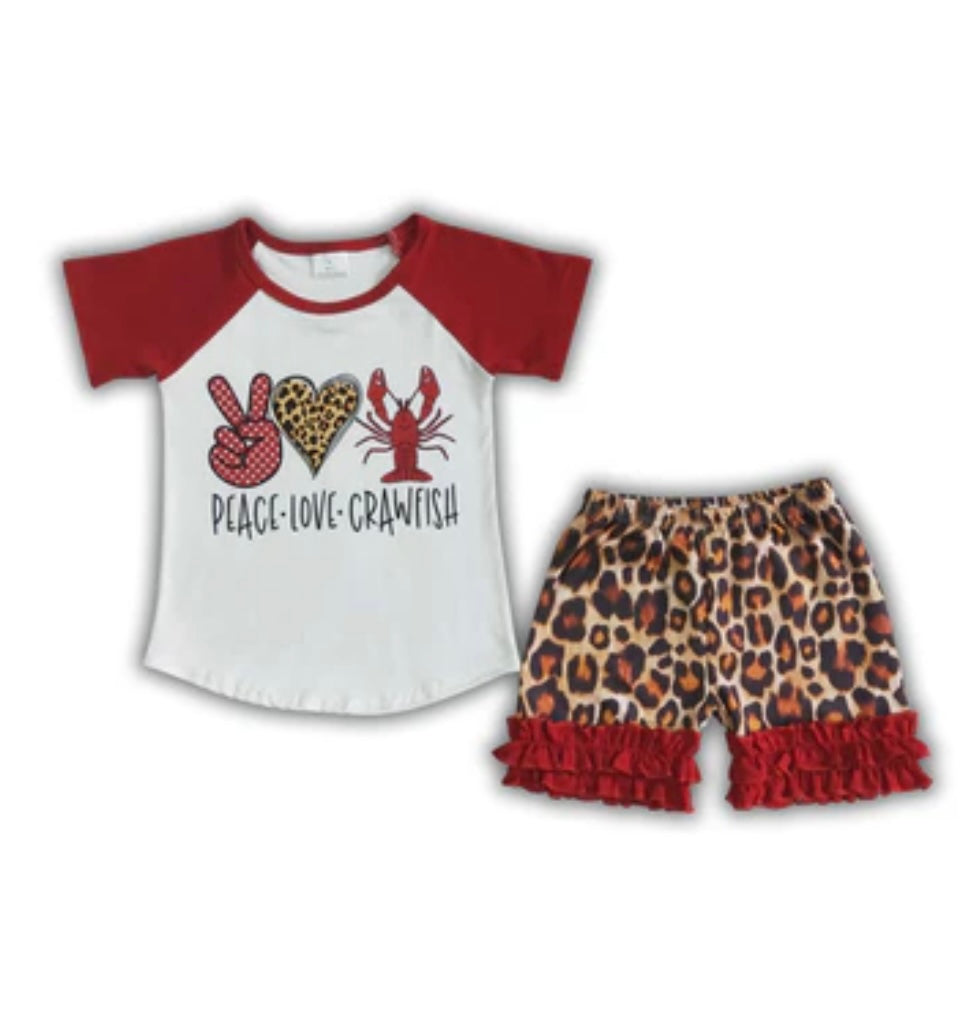 Peace love and crawfish shirt leopard shorts 3-6 months, 6-9 months, 12-18 months, 2T, 3T