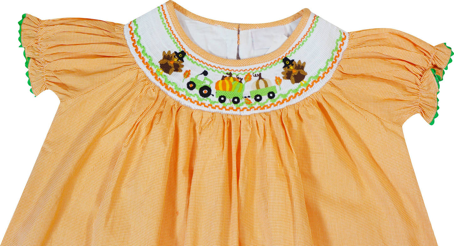 Baby Girl Thanksgiving Turkey Tractor Smocked Dress: 7 - 8 Years