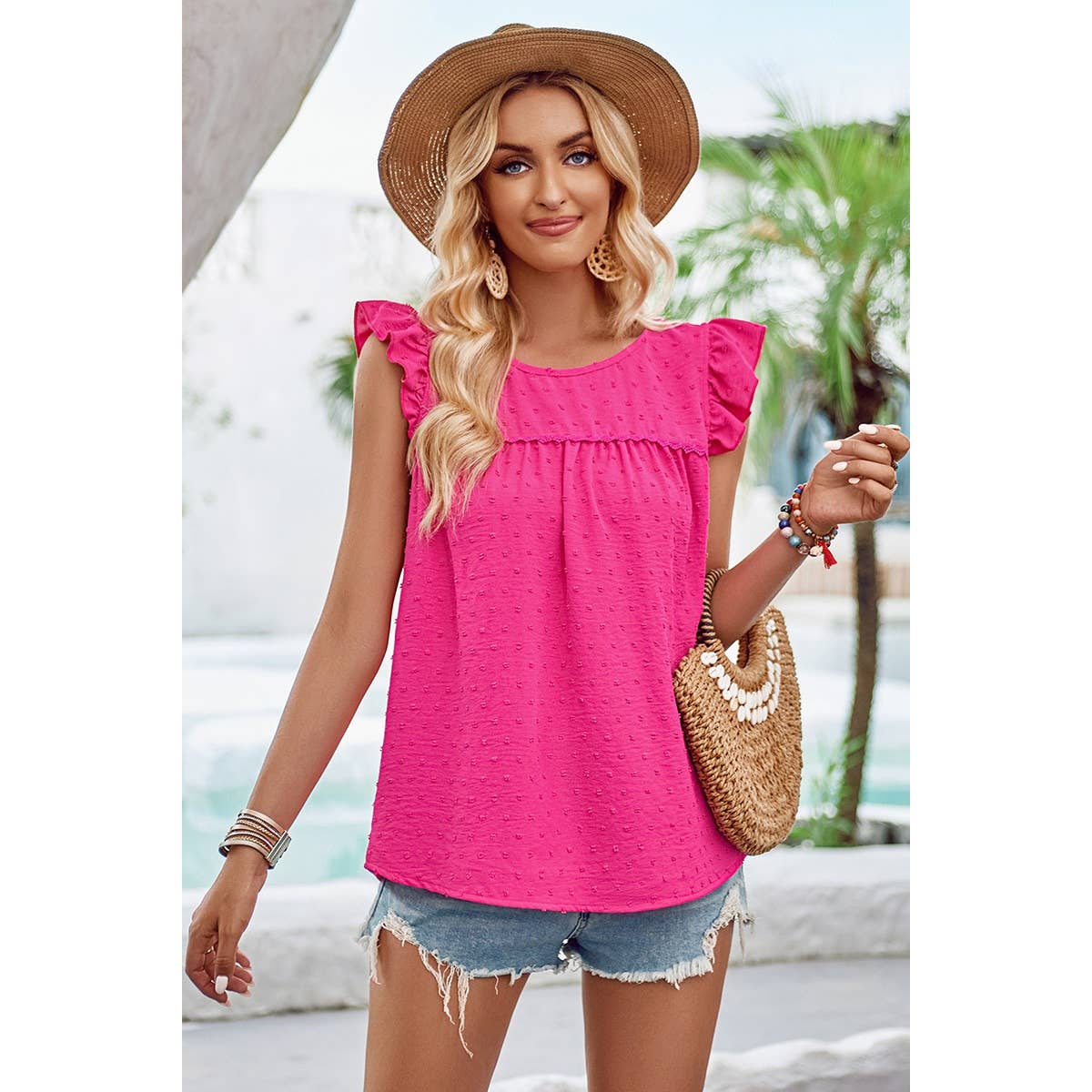 Swiss Dot Round Neck Ruffle Lose Solid Top: FUCHSIA / L