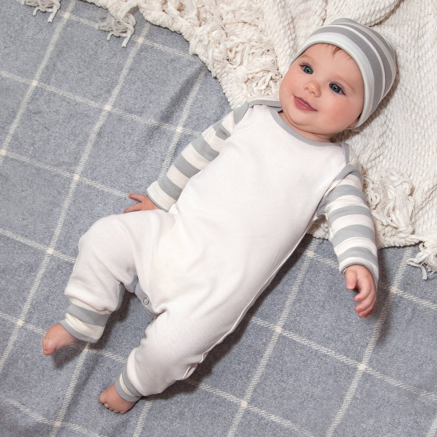 Baby Boy's Stripe Sleeves Cotton Romper: Blue Stripes / NB