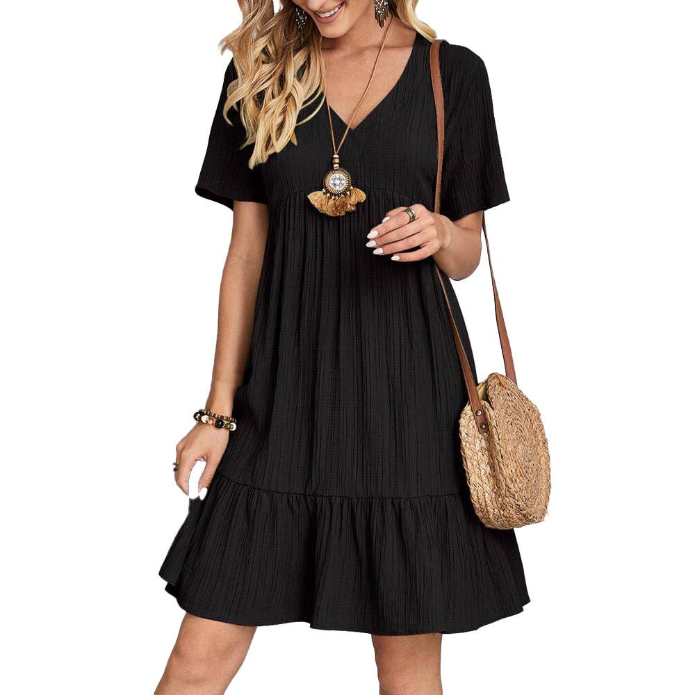 Sweetkama Ladies Solid Color Short Daily Dress: Black / L