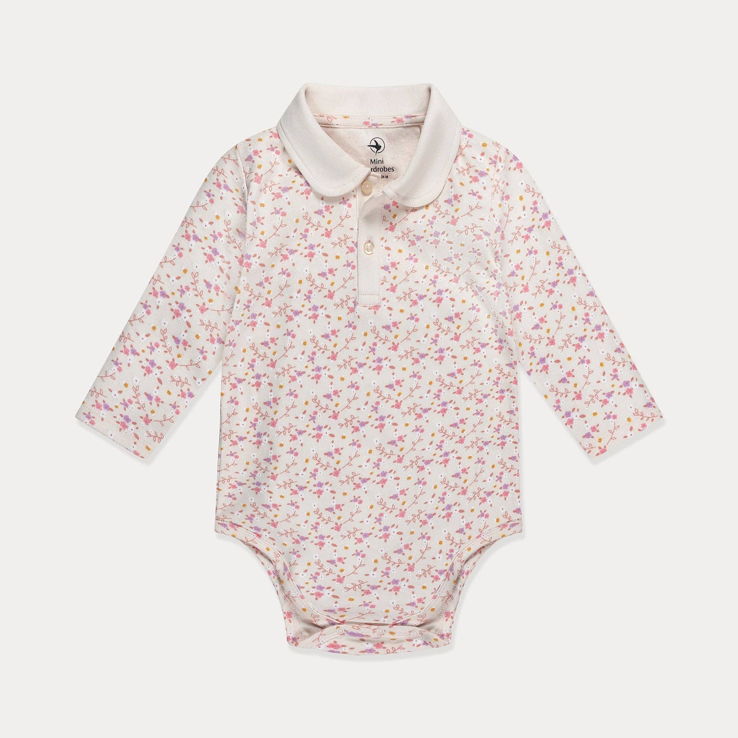 Baby Polo Shirt, Baby Polo Bodysuit, Cotton Long Sleeve, Cute Pattern: Birds on White / 0-3M