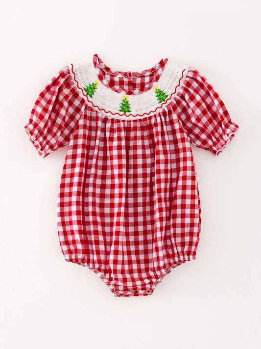 Christmas Tree Smocking Embroidered Girls Romper: 18M