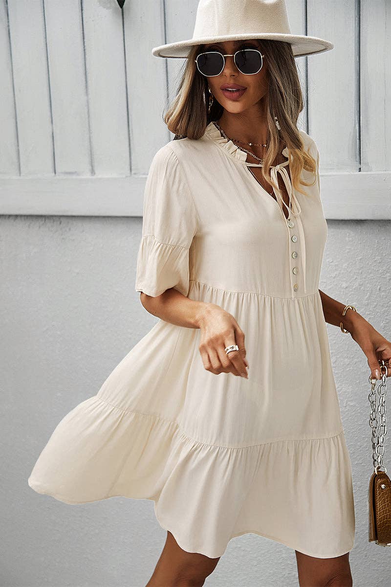 Button-Up Ruffle Dress: LIGHT GREEN / L