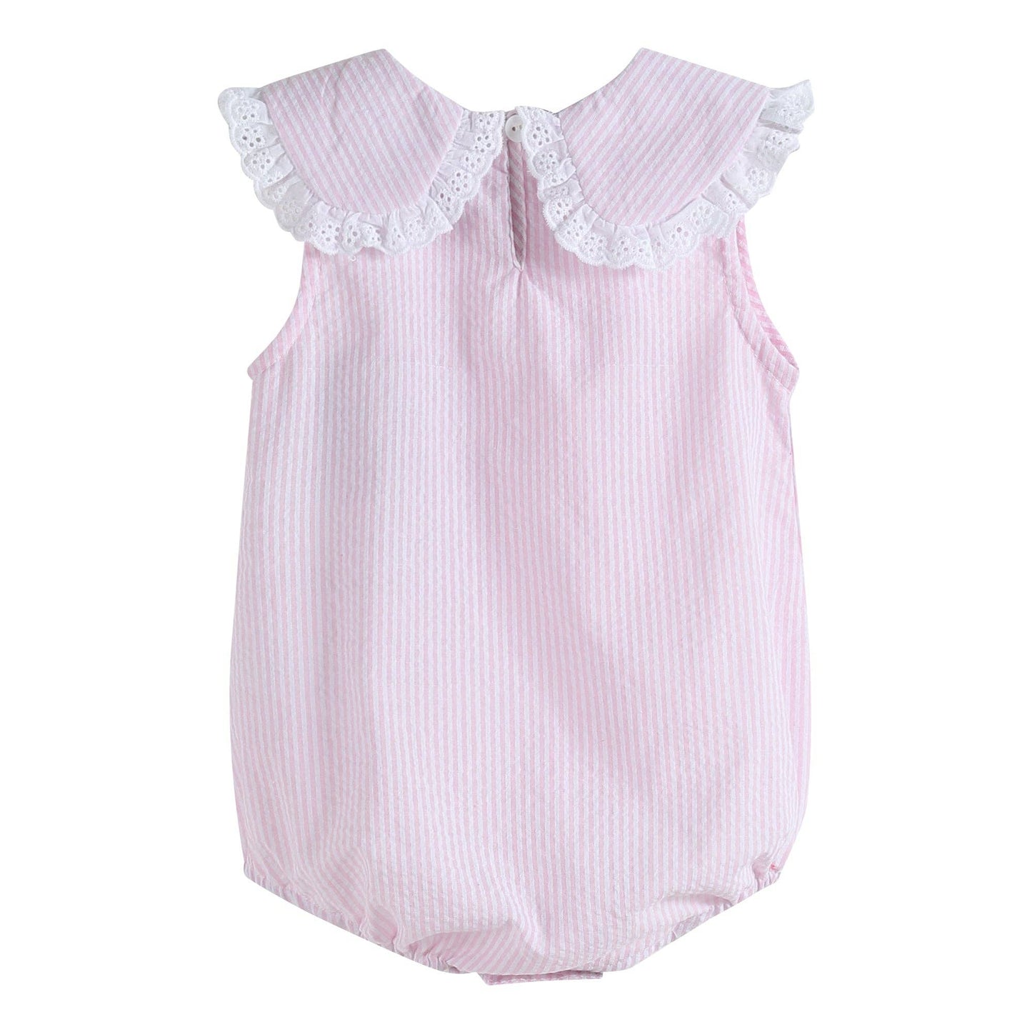 Classic Light Pink Seersucker Collared Baby Bubble Romper: 3-6M