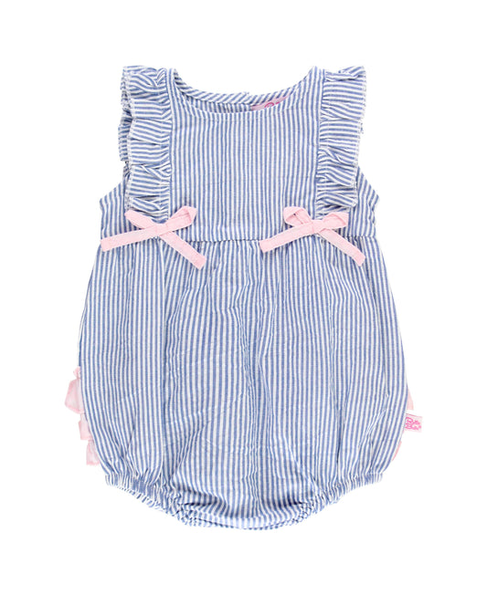 Baby Girls Blue Seersucker Classic Ruffle Bubble Romper: Blue / 3-6m