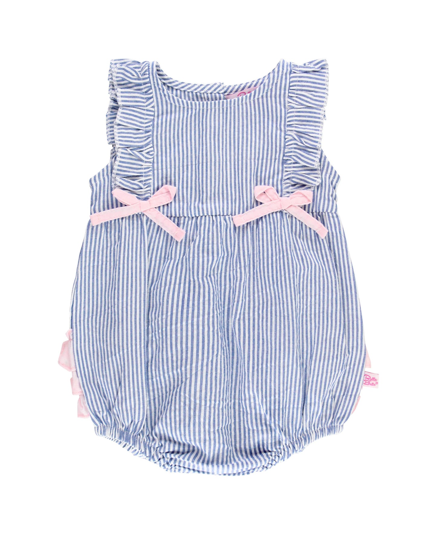 Baby Girls Blue Seersucker Classic Ruffle Bubble Romper: Blue / 2T