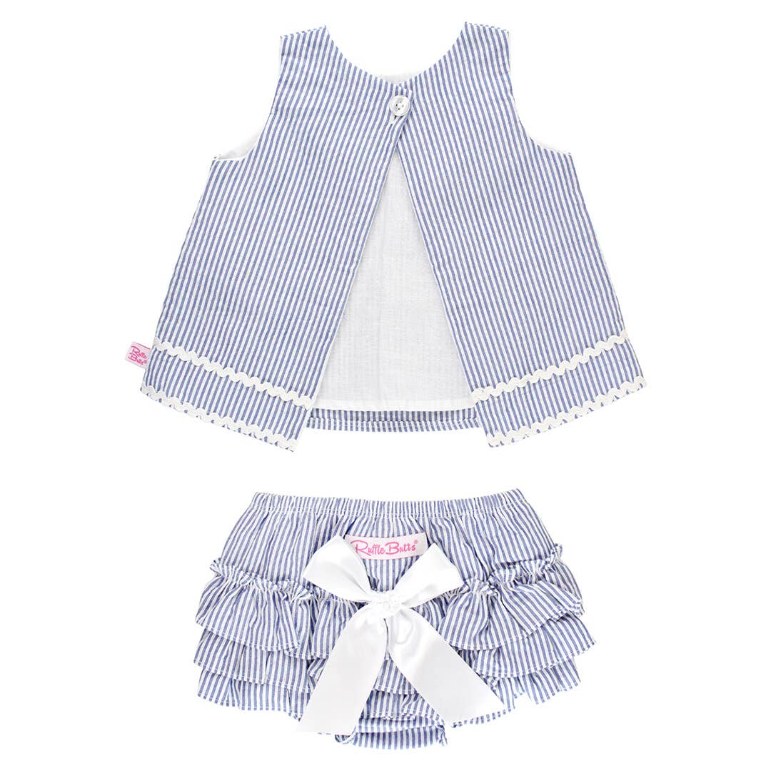 Baby Girls Blue Seersucker Ric Rac Swing Top & Bloomer Set: 18-24m