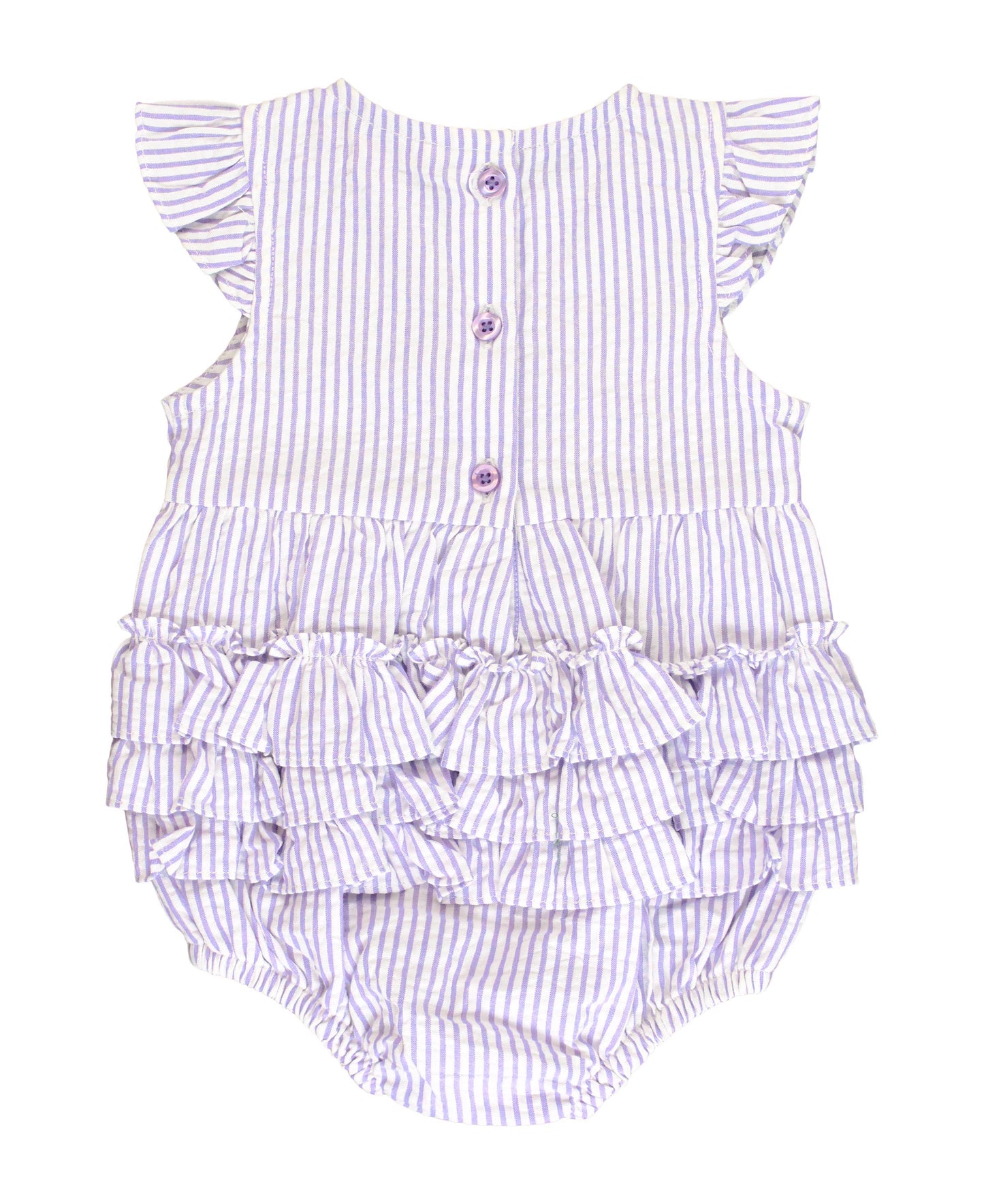 Baby Girls Lavender Seersucker Sleeveless Waist Ruffle Bubble Romper: Purple / 6-12m