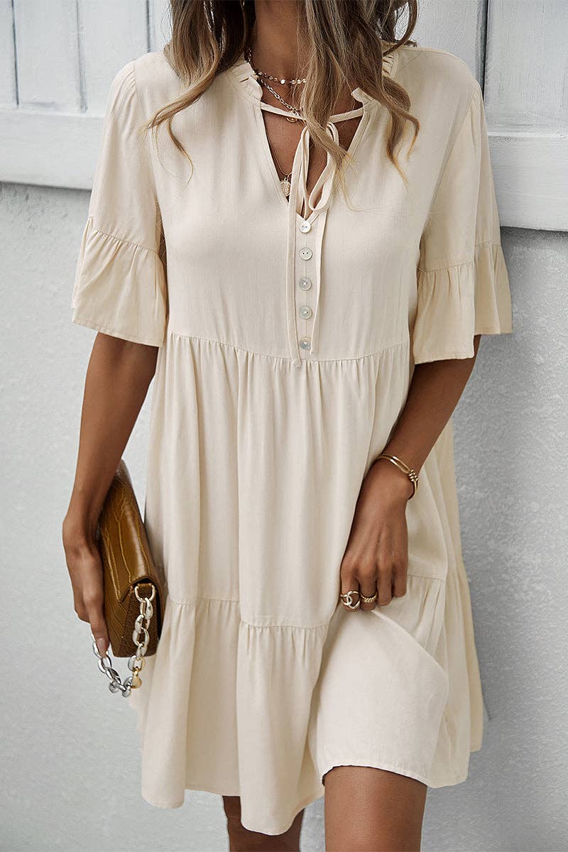 Button-Up Ruffle Dress: LIGHT GREEN / L