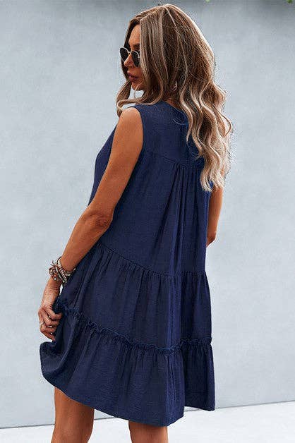 V Neck Solid Ruffle Sleeveless Dress: 80%Viscose 2%Nylon / NAVY / L