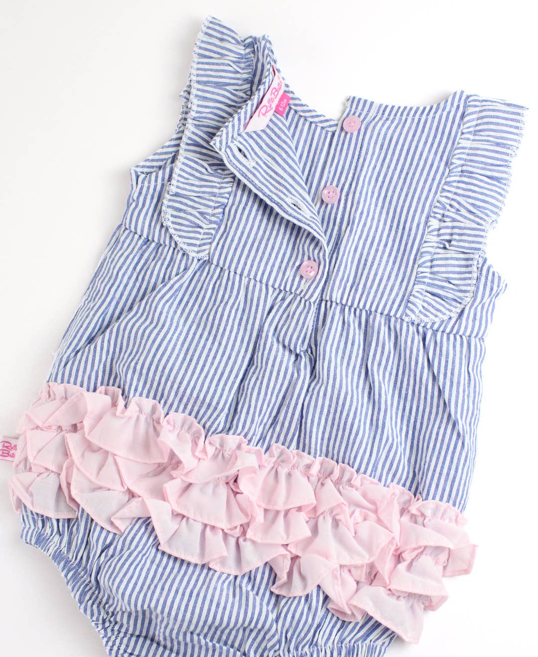 Baby Girls Blue Seersucker Classic Ruffle Bubble Romper: Blue / 3-6m