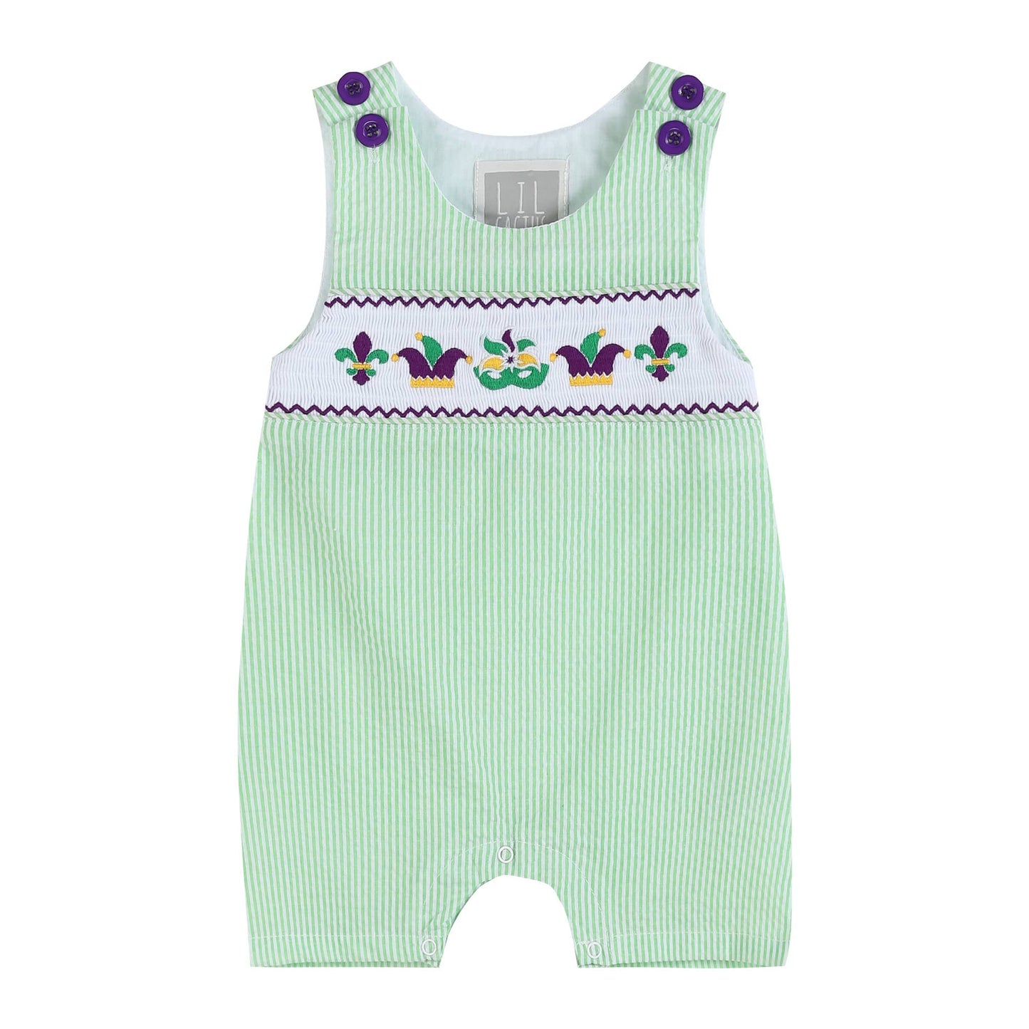 Green and Purple Mardi Gras Smocked Baby Shortalls: 6-12M