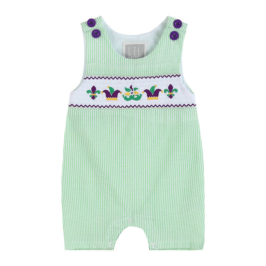 Green and Purple Mardi Gras Smocked Baby Shortalls: 6-12M