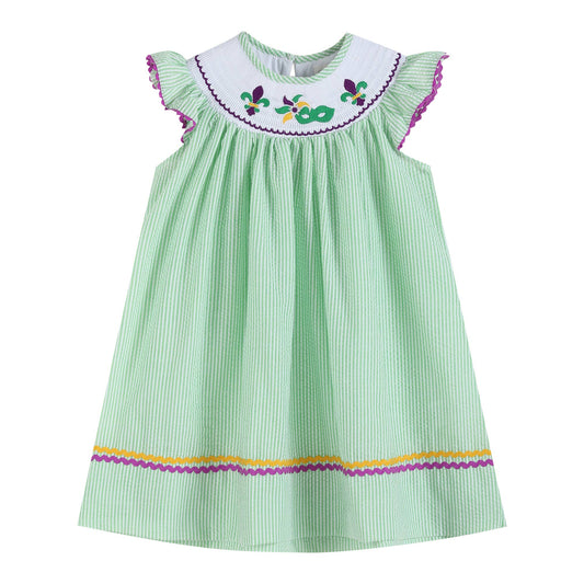 Green and Purple Mardi Gras Smocked Bishop Dress: 3-6M