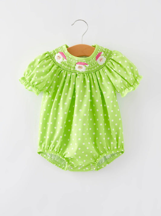 Christmas Green Smocking Embroidered Girls Romper: 18M