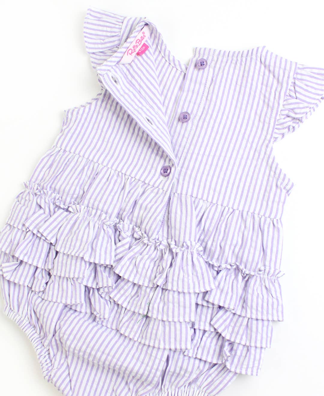 Baby Girls Lavender Seersucker Sleeveless Waist Ruffle Bubble Romper: Purple / 6-12m